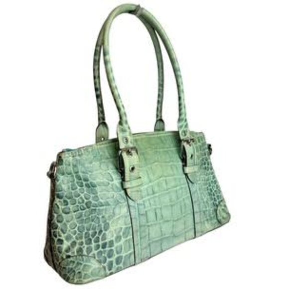 Vintage Dooney & Bourke Mint Green Croc Embossed Leather Satchel Structured Tote - Picture 3 of 14